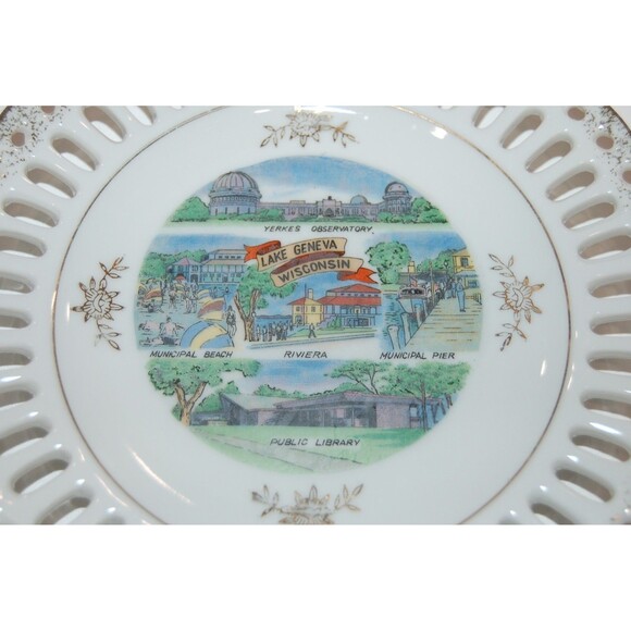 WISCONSIN VINTAGE SOUVENIR PLATE LAKE GENEVA RIVIERA YERKES OBSERVATORY LIBRARY - Picture 2 of 5